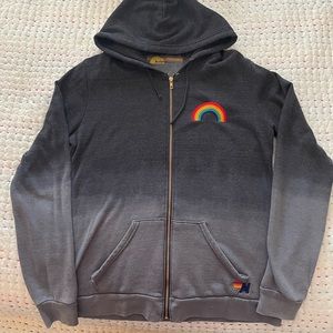 Aviator Nation Grey Ombré Rainbow Embroidered Hoodie Sweatshirt